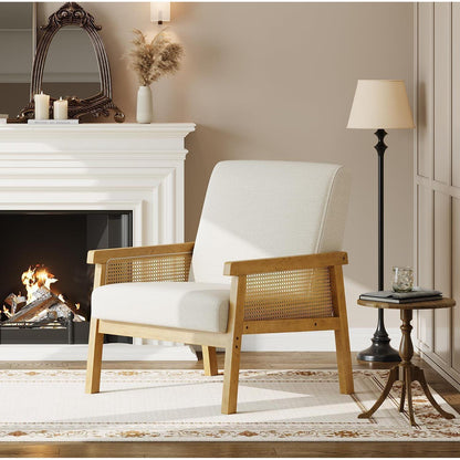 Rattanseiten Sessel | Gepolsterter Lesesessel Holzgestell Beige