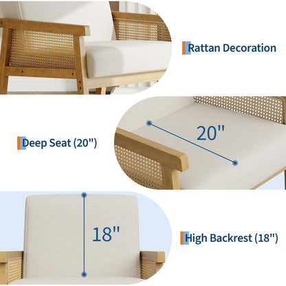 Rattanseiten Sessel | Gepolsterter Lesesessel Holzgestell Beige