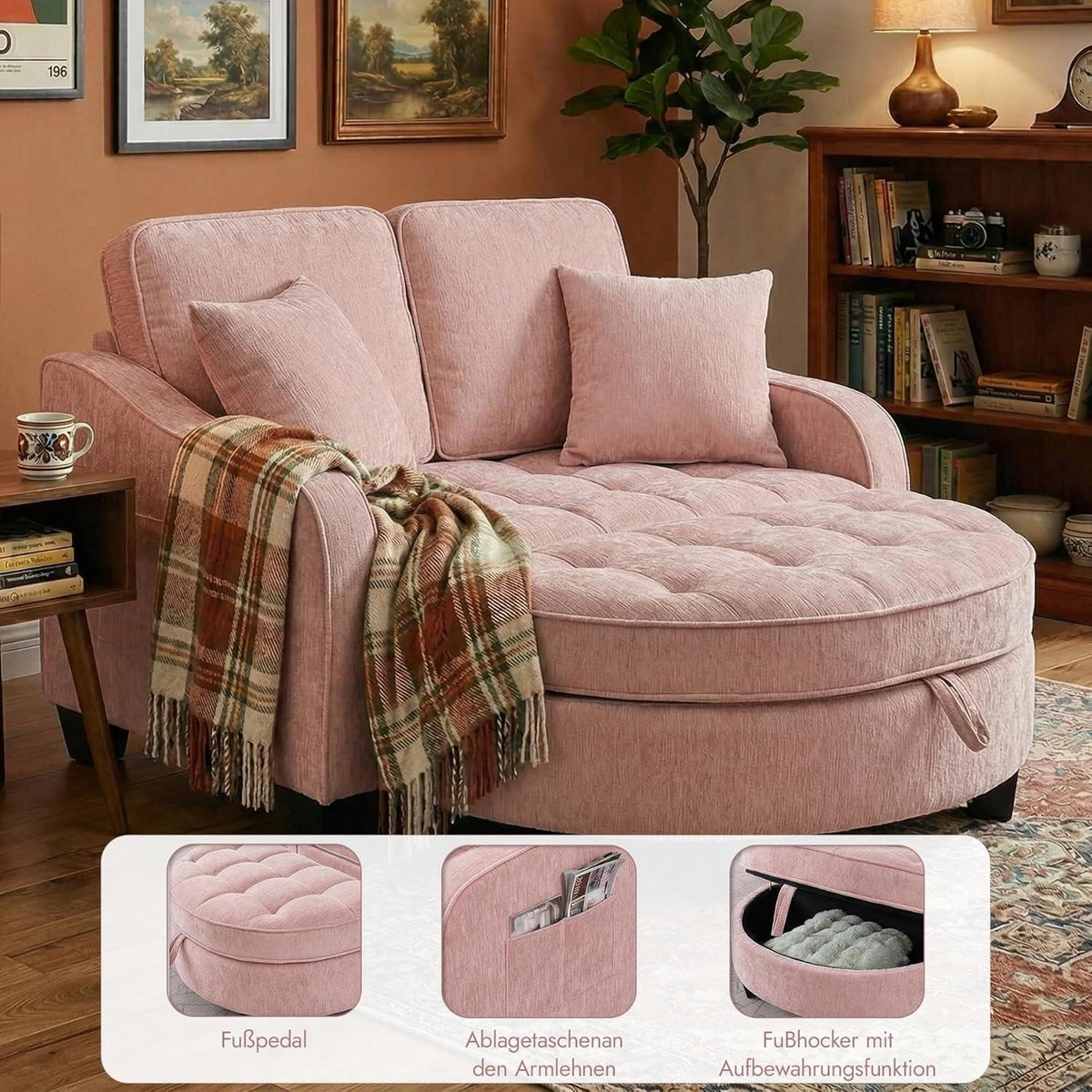 Schlafsofa Klein Rosa – 2-in-1 mit Hocker & Kissen