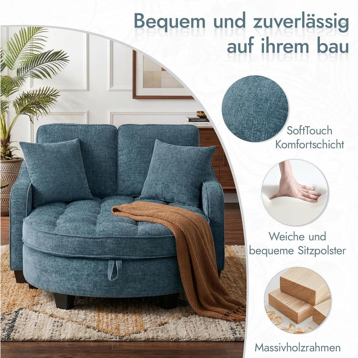 Schlafsofa Klein Blau – 2-in-1 mit Hocker & Kissen