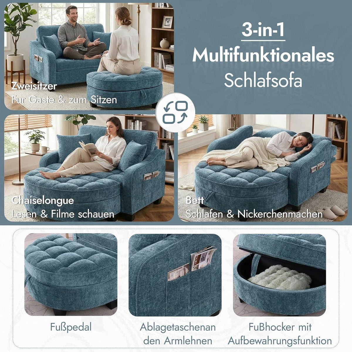 Schlafsofa Klein Blau – 2-in-1 mit Hocker & Kissen