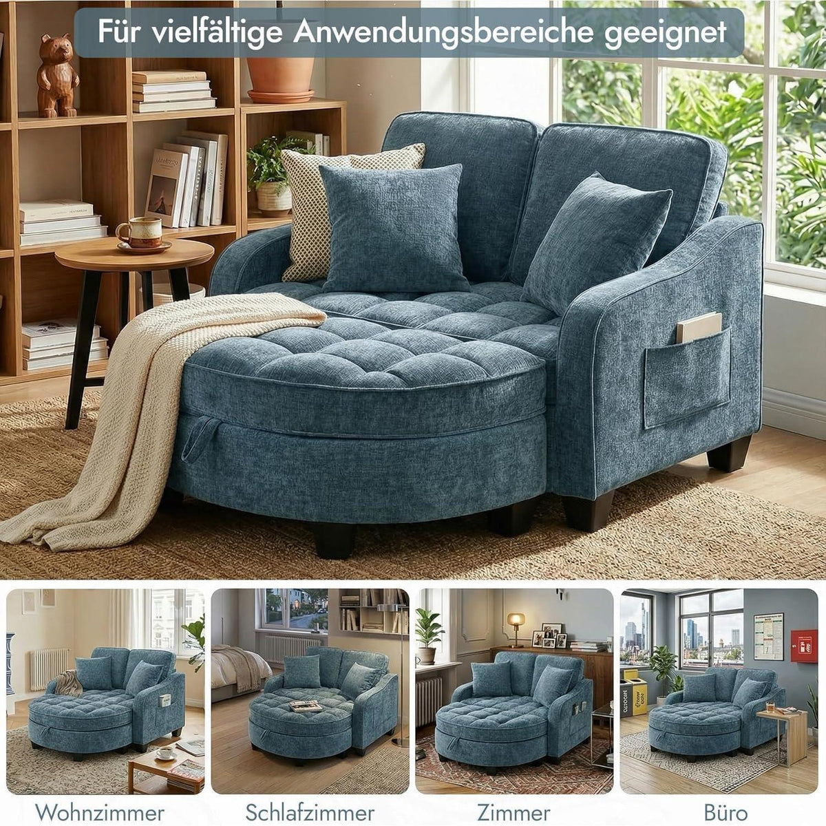 Schlafsofa Klein Blau – 2-in-1 mit Hocker & Kissen
