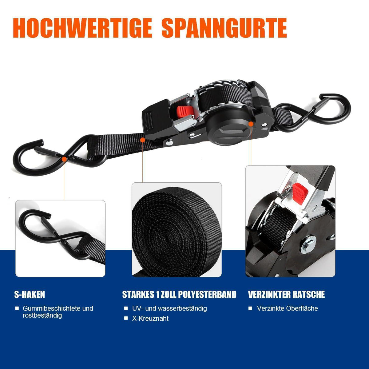 4x Automatischer Spanngurt 3m | 750kg Bruchlast | Schwarz