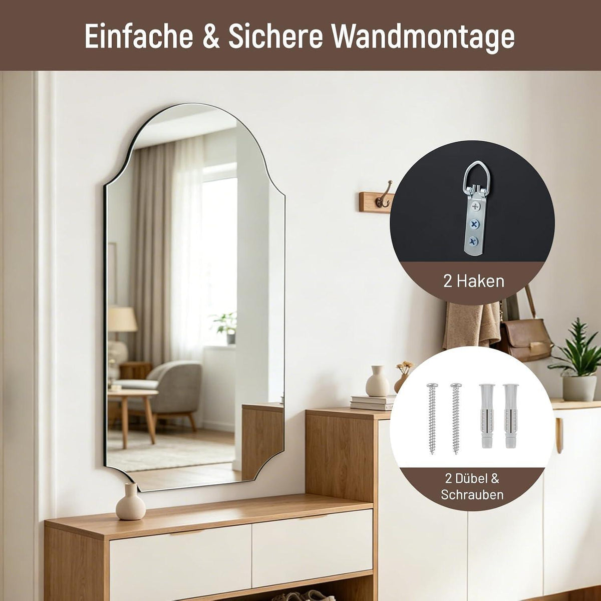 Rahmenloser Bogenspiegel 51x91cm – Dekorativer Wandspiegel für Wohnzimmer