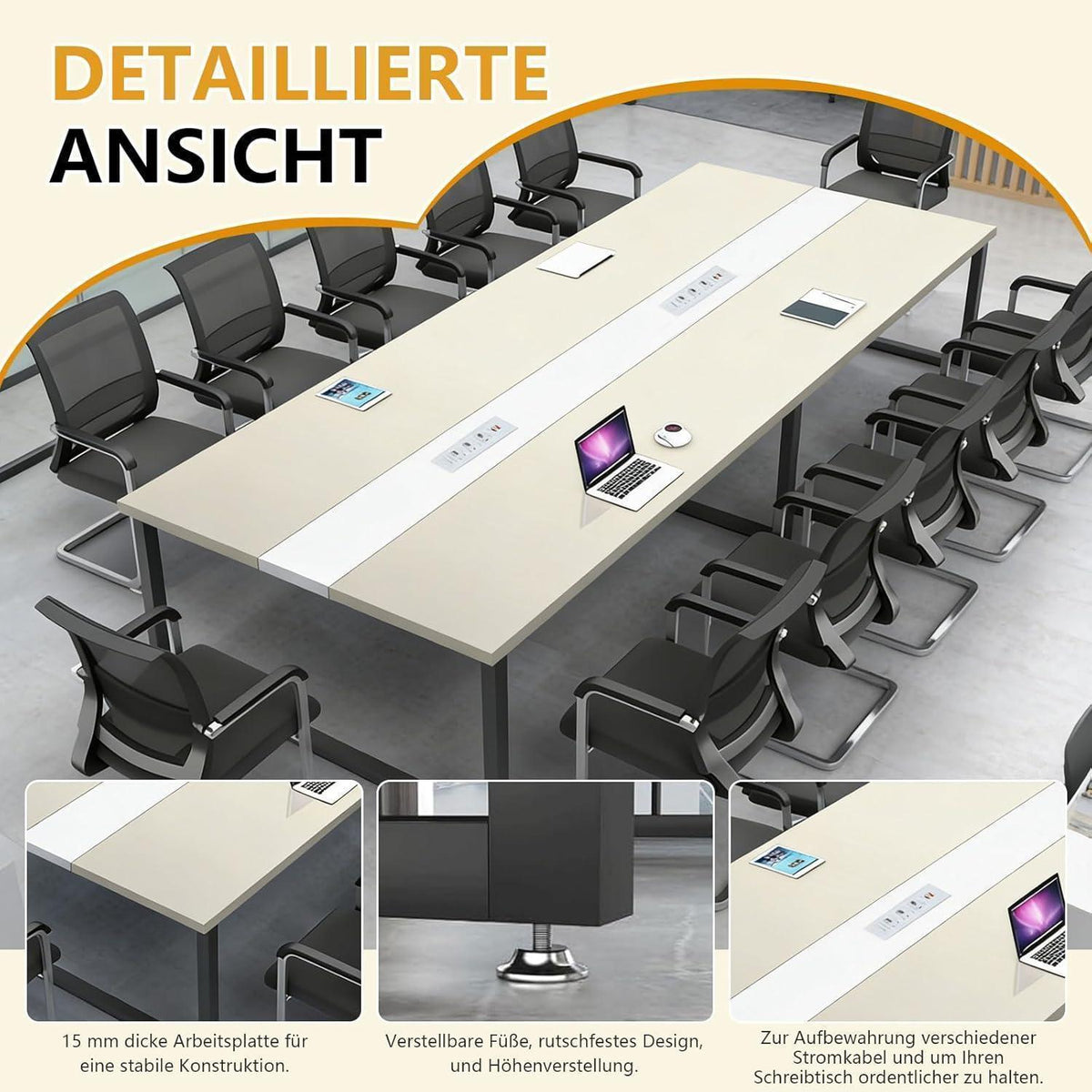 Konferenztisch Groß mit Kabelmanagement – Modern & Stabil