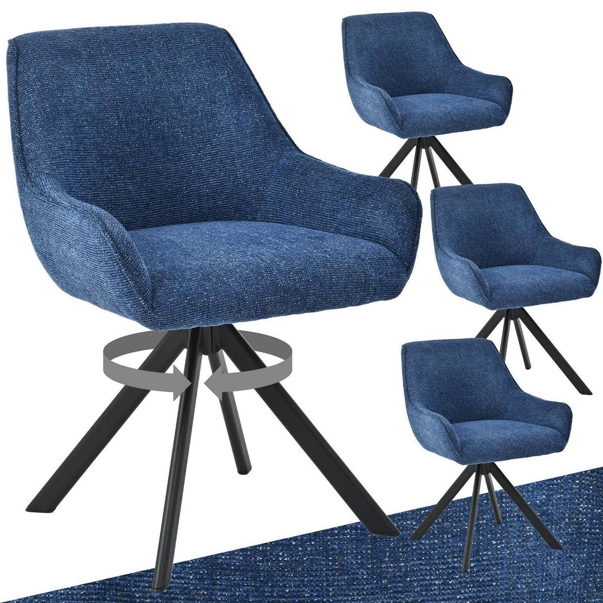 Drehbarer Esszimmerstuhl Set 4er – Dunkelblau, Chenille & Metall