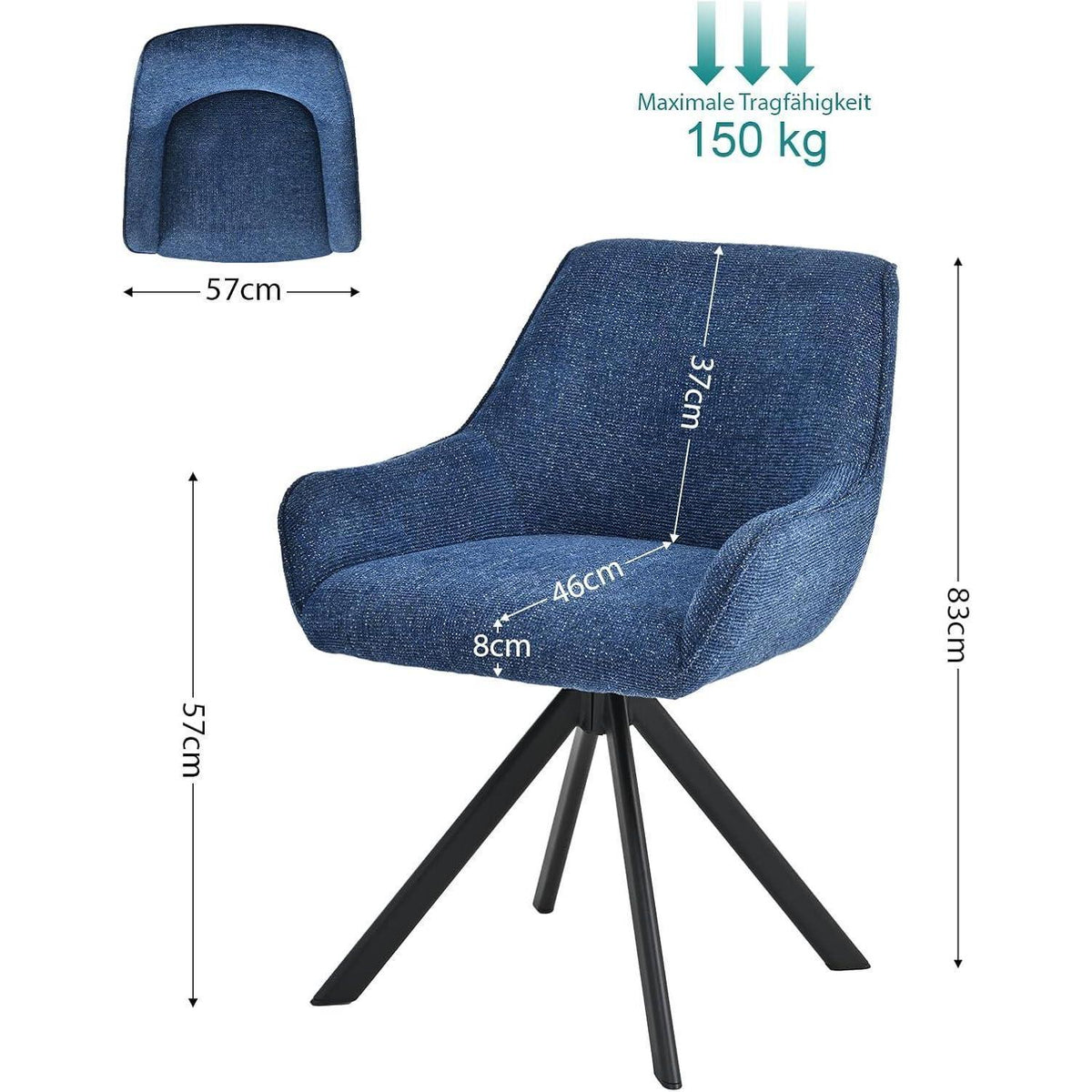 Drehbarer Esszimmerstuhl Set 4er – Dunkelblau, Chenille & Metall