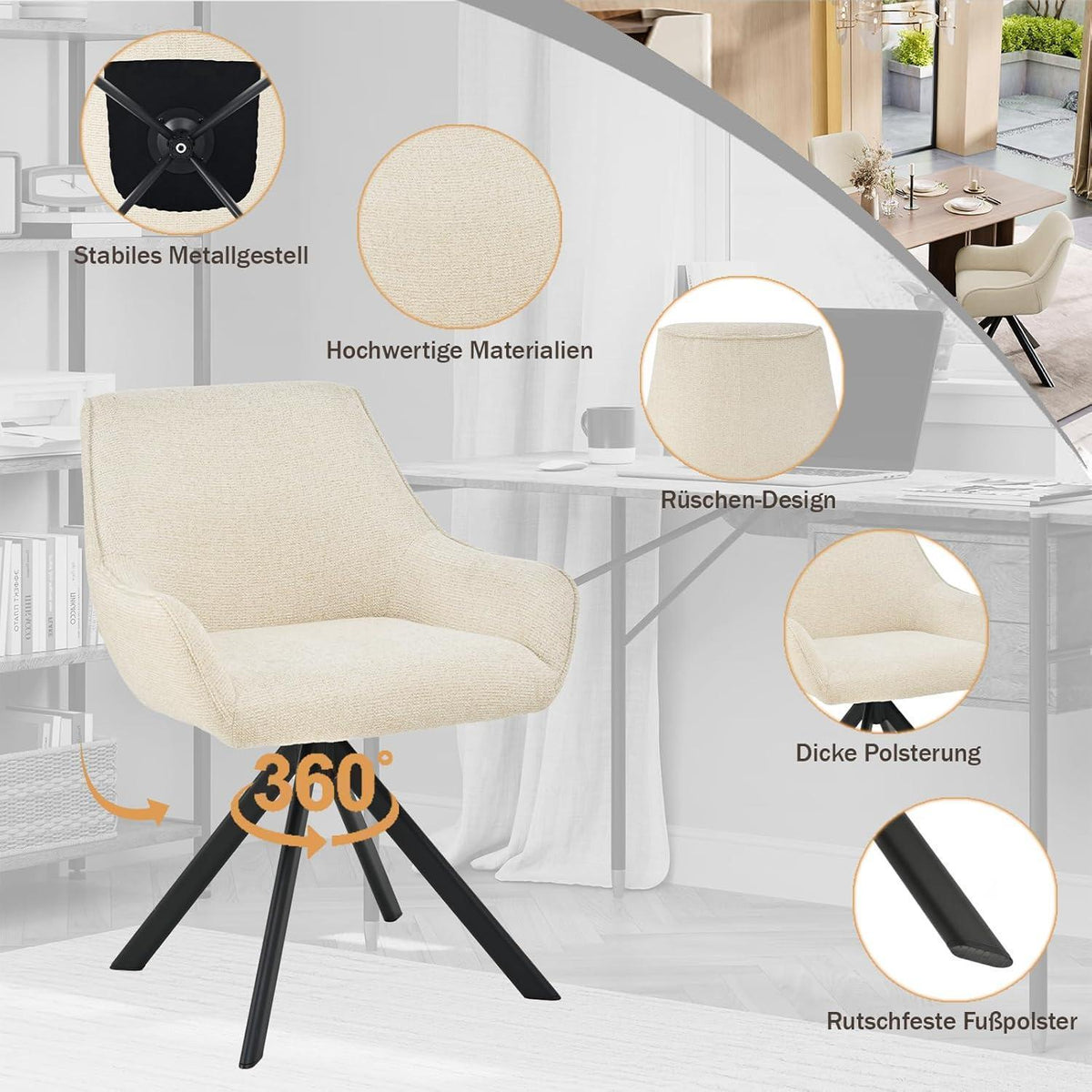 Drehbarer Esszimmerstuhl Set 2x mit Armlehne – Cremeweiß