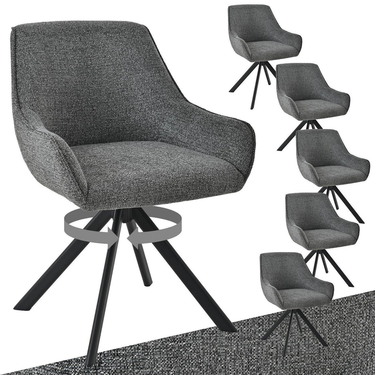 Drehbarer Esszimmerstuhl Set 6er – Grau, Chenille & Metallgestell