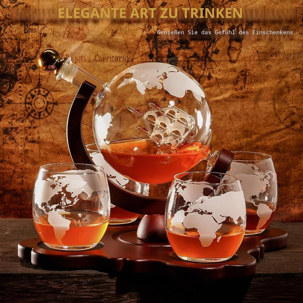 Globus Whiskey Karaffe Set mit 4 Gläsern & Geschenkbox