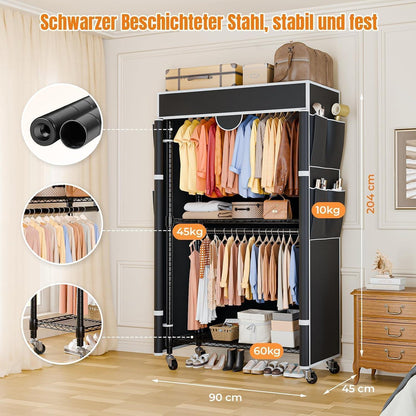 Kleiderständer auf Rollen, Stabil & Verstellbar, Schwarz