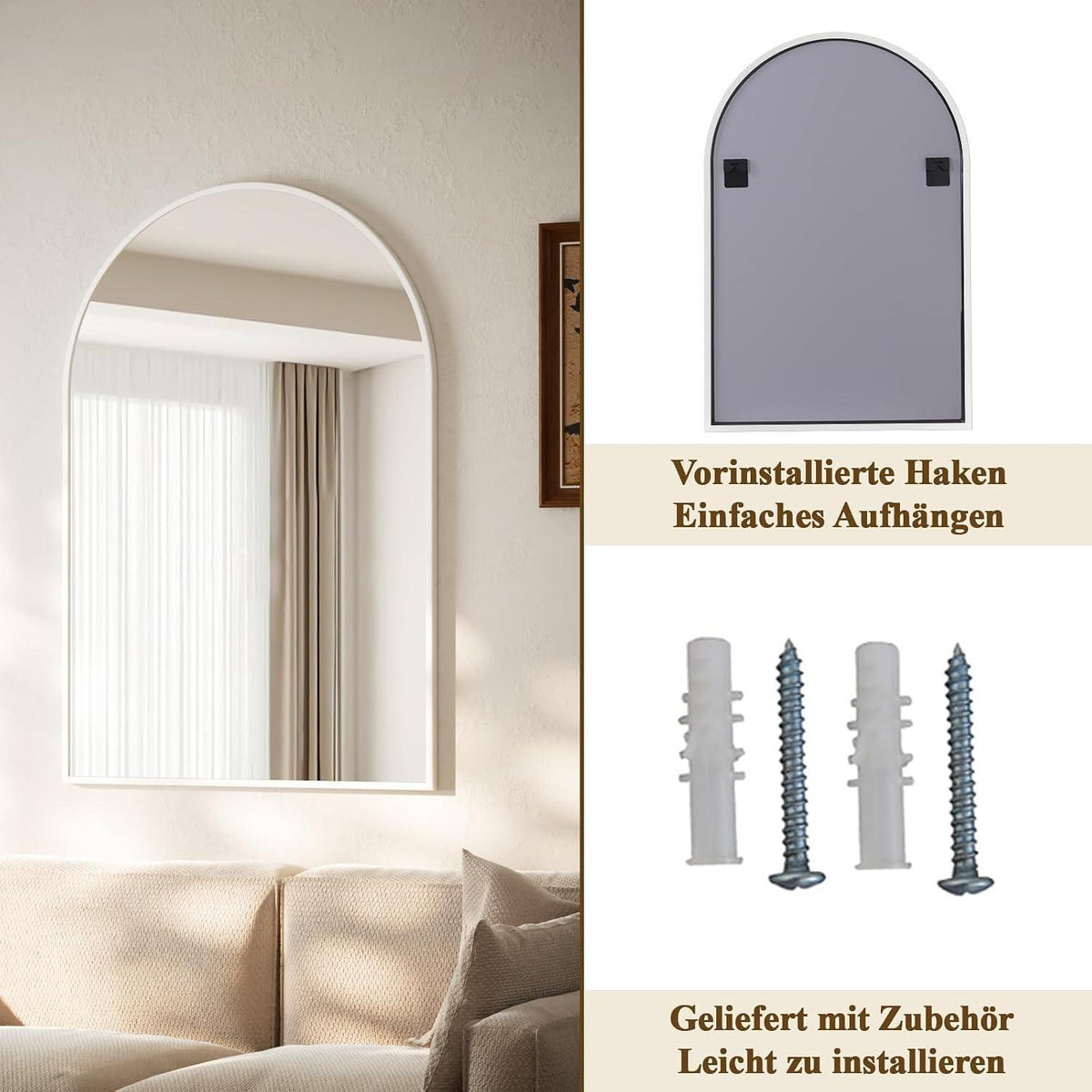Bogen Wandspiegel Weiß 91x61cm – Moderner Aluminiumrahmen