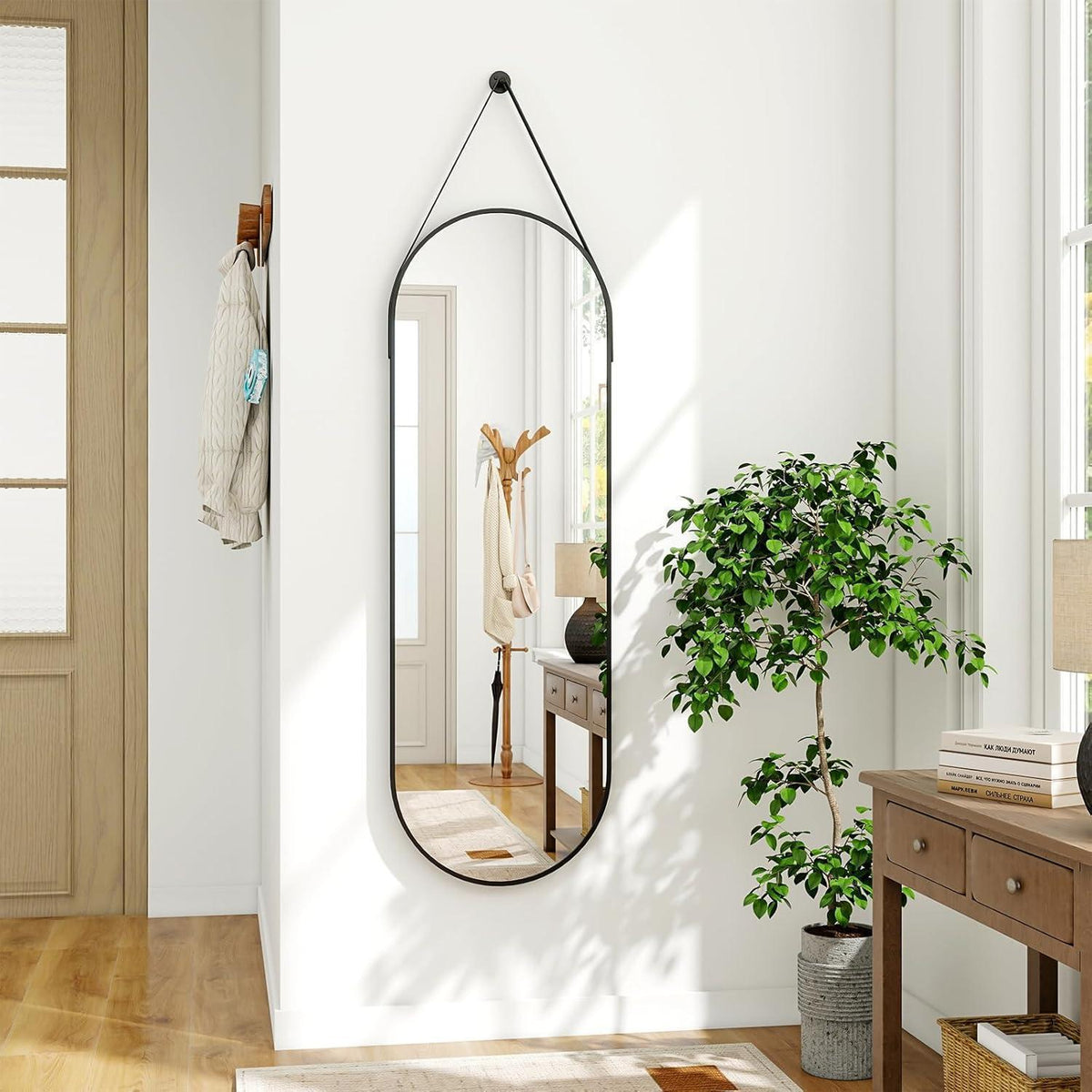 Ovaler Wandspiegel 120x40cm mit Band – Modern & Elegant in Lederoptik