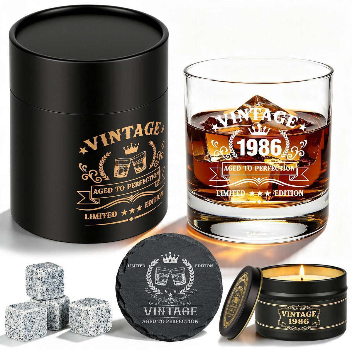Whisky Geschenkset Männer 1986 – 40. Geburtstag Geschenk mit Glas & Steinen