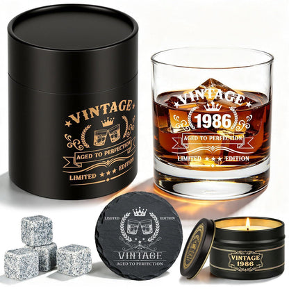 Whisky Geschenkset Männer 1986 – 40. Geburtstag Geschenk mit Glas & Steinen