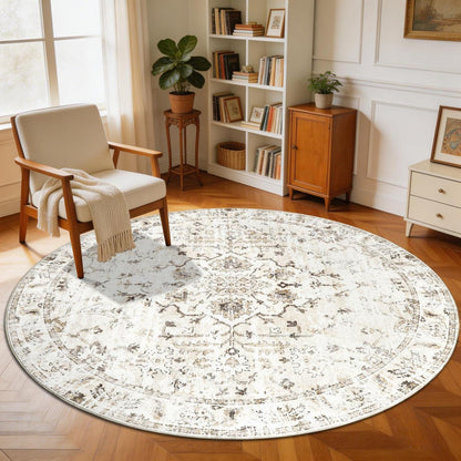 Runder Waschtbarer Teppich 200cm – Vintage Beige Wohnzimmer Teppich