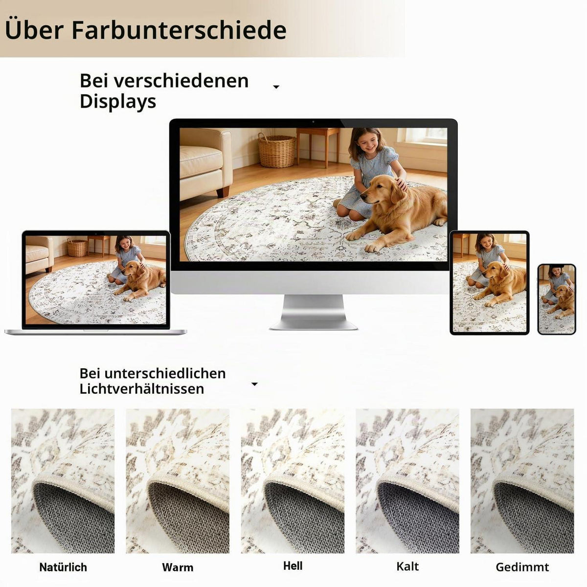 Runder Waschtbarer Teppich 200cm – Vintage Beige Wohnzimmer Teppich