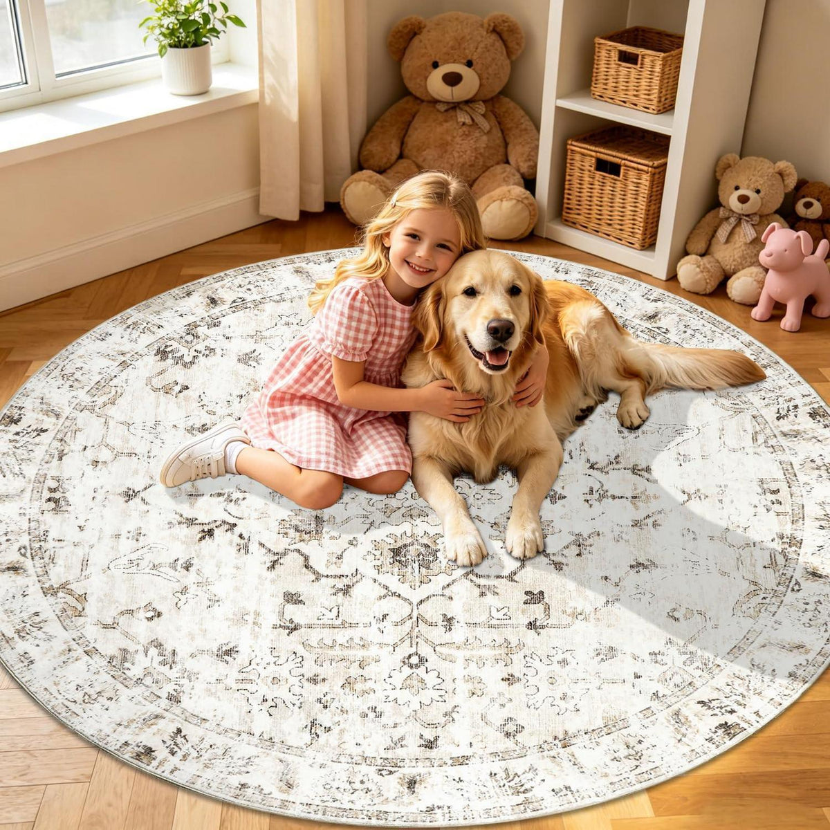 Runder Waschtbarer Teppich 200cm – Vintage Beige Wohnzimmer Teppich