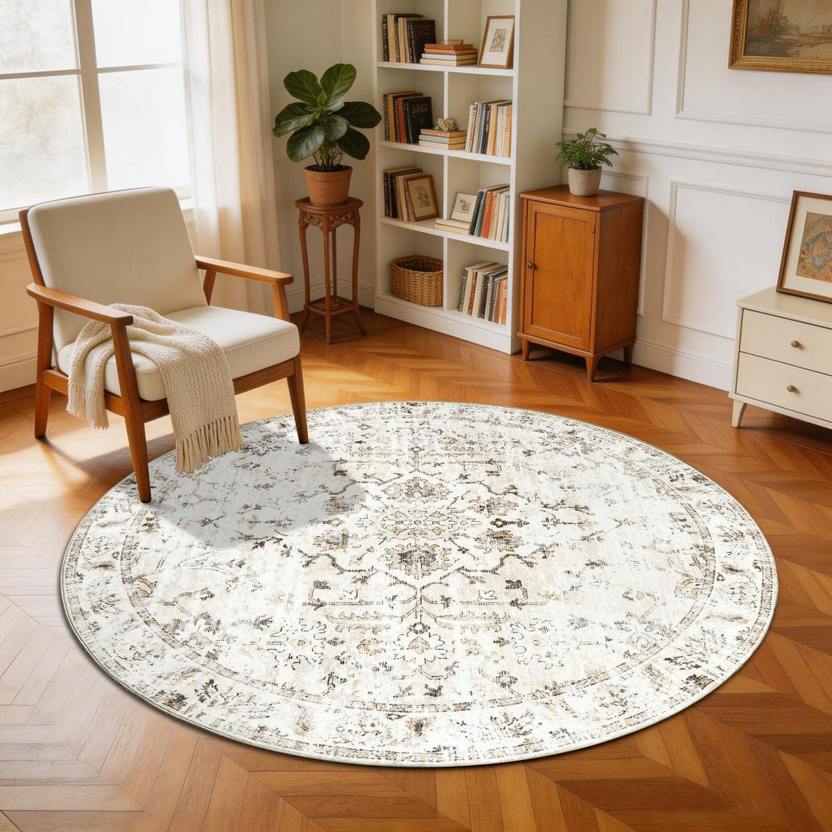 Runder Waschtbarer Teppich 180cm – Vintage Beige Kurzflor