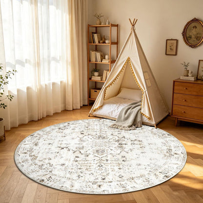Runder Waschtbarer Teppich 180cm – Vintage Beige Kurzflor