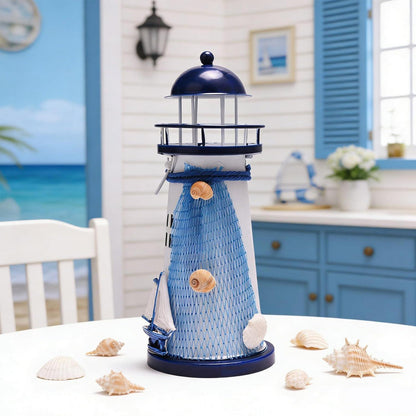 Teelichthalter Leuchtturm Metall 18cm Blau Weiß Maritim
