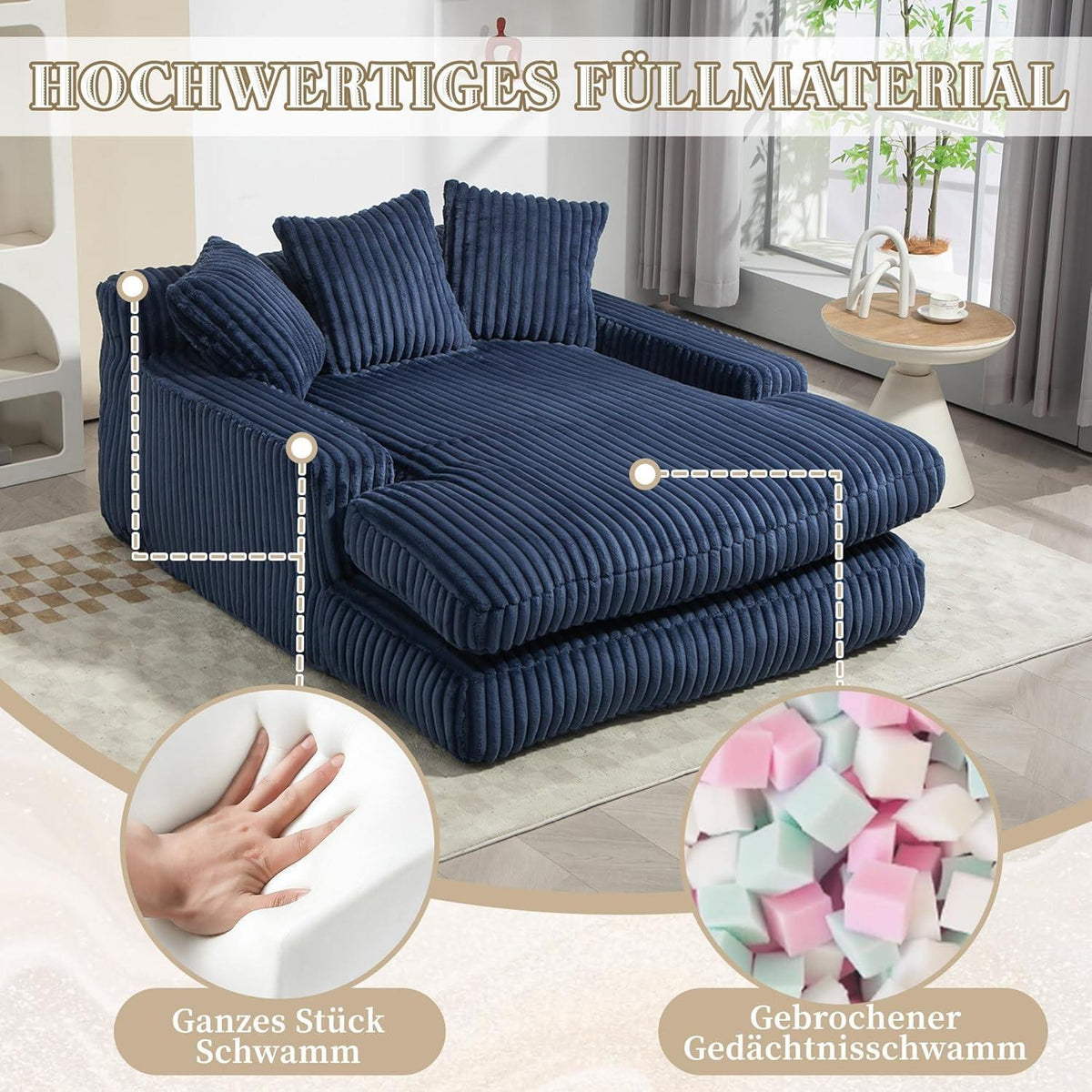 Boneless Couch: Bequemes Cord-Schlafsofa mit 3 Kissen (Marineblau)
