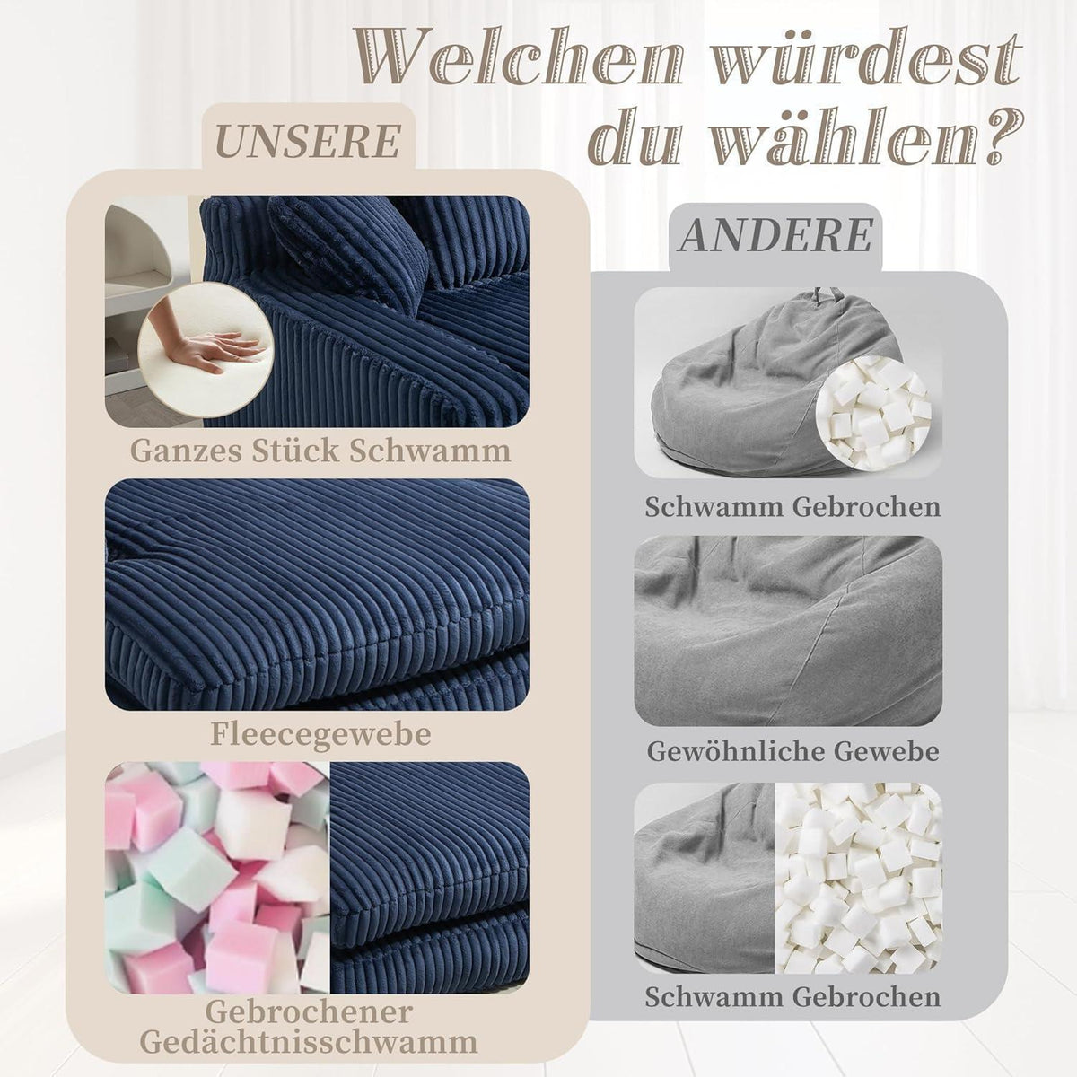 Boneless Couch: Bequemes Cord-Schlafsofa mit 3 Kissen (Marineblau)
