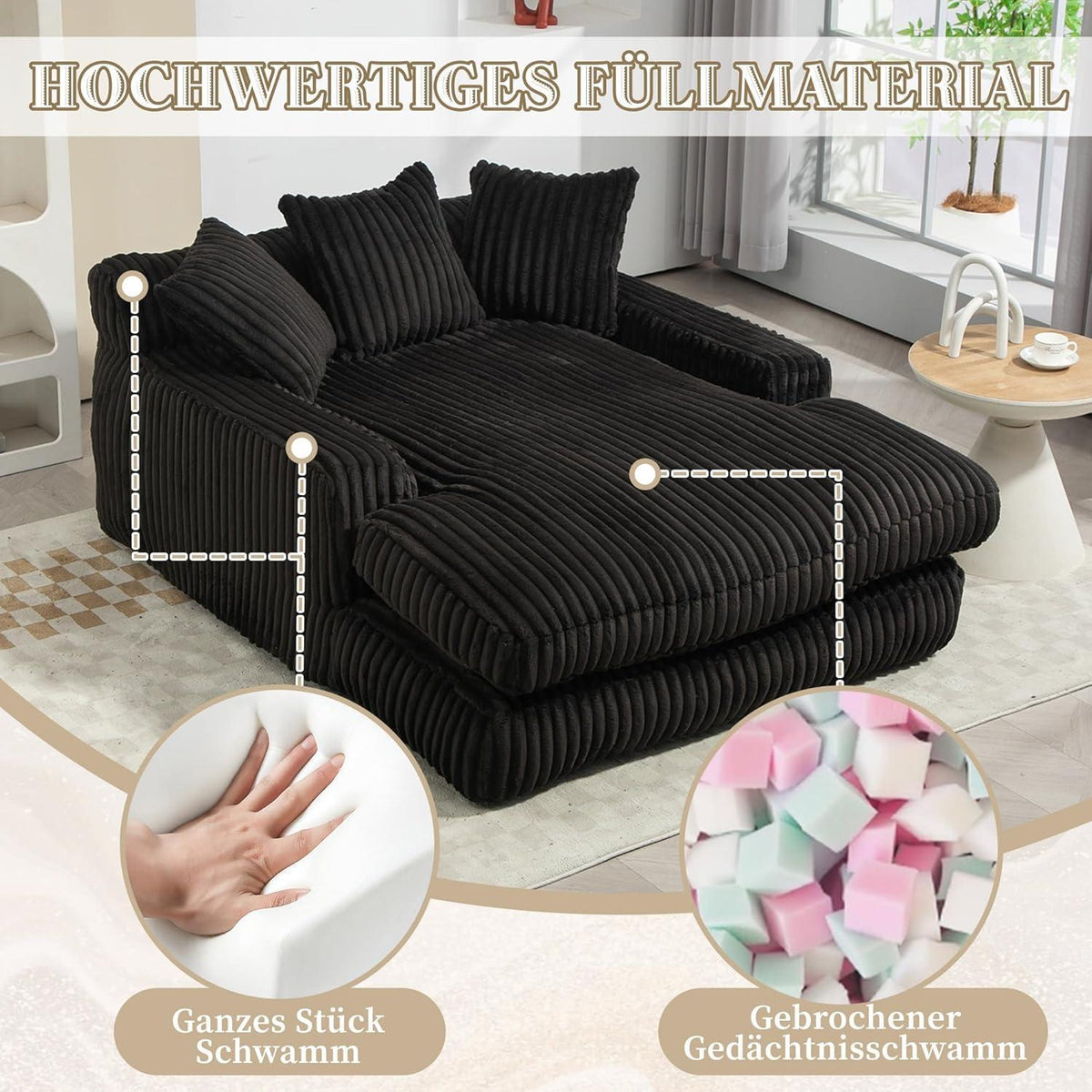 Boneless Couch: Bequemes Cord-Schlafsofa mit 3 Kissen (Schwarz)