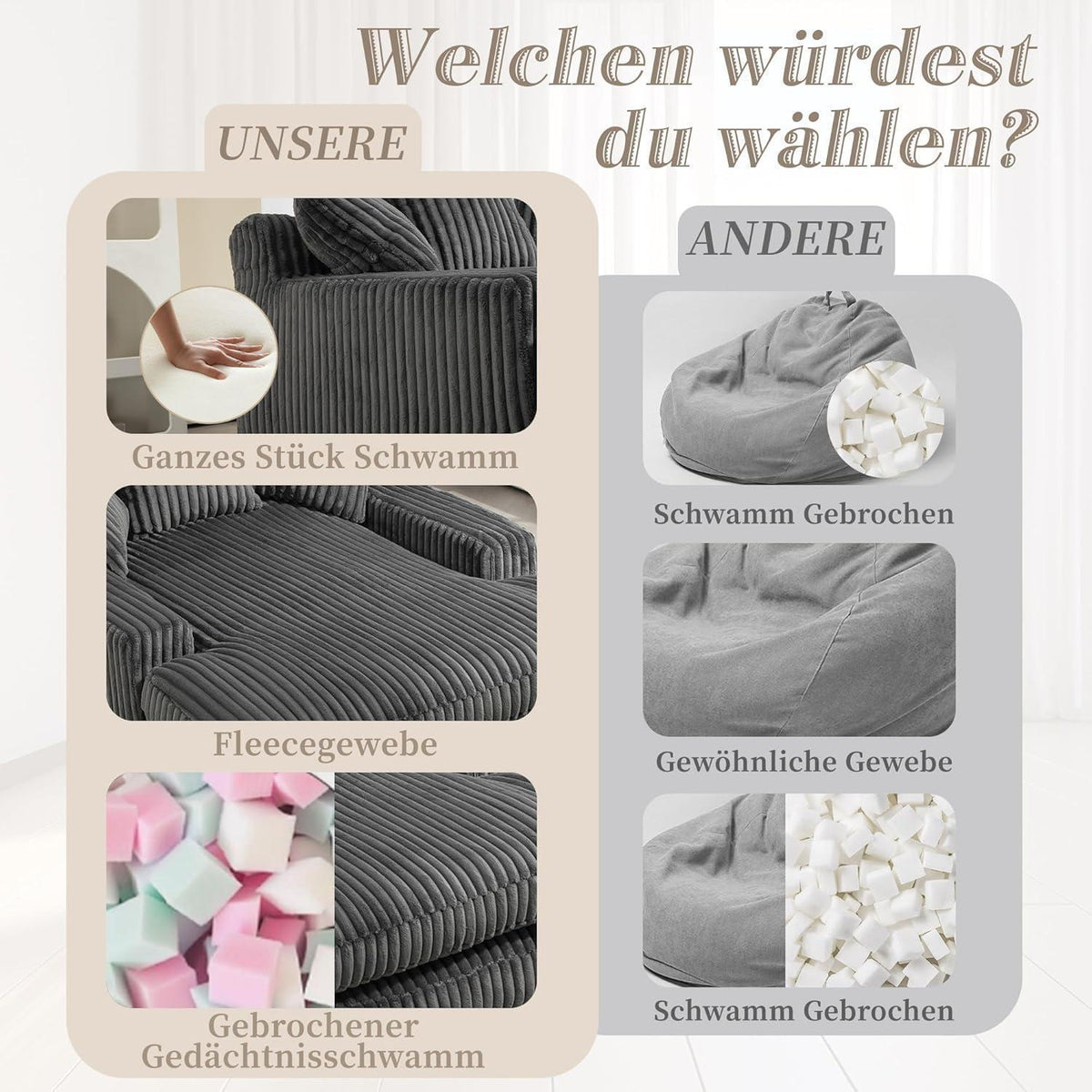 Boneless Couch: Bequemes Cord-Schlafsofa mit 3 Kissen (Dunkel Grau)