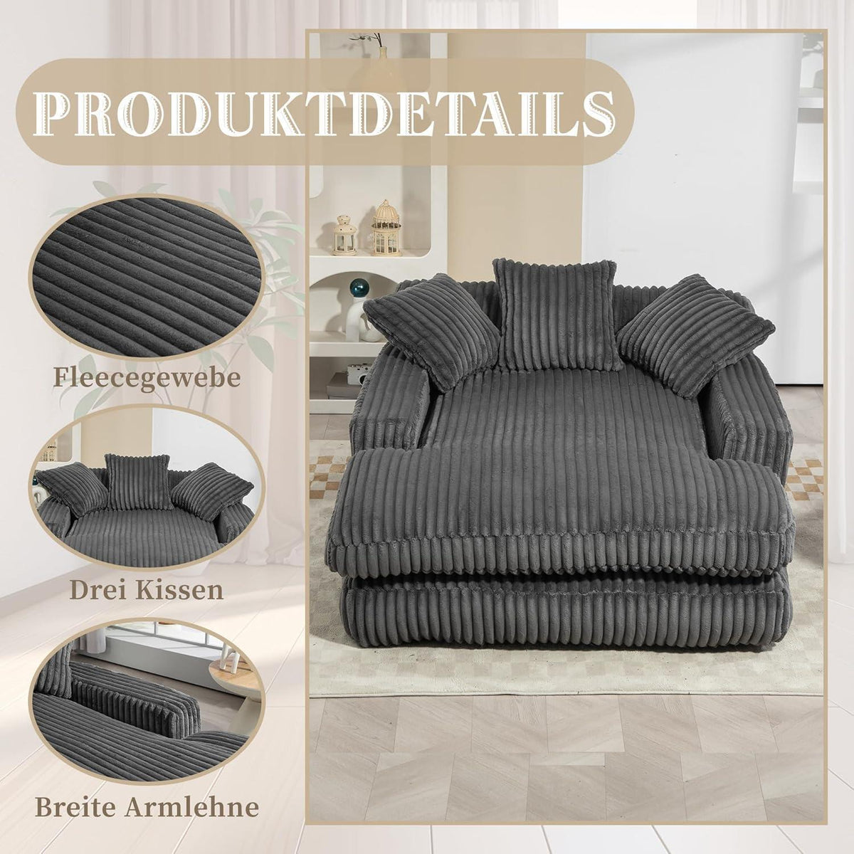 Boneless Couch: Bequemes Cord-Schlafsofa mit 3 Kissen (Dunkel Grau)