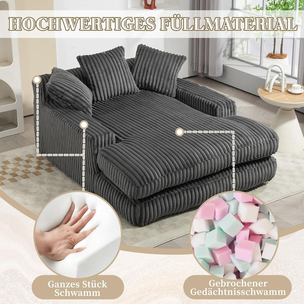Boneless Couch: Bequemes Cord-Schlafsofa mit 3 Kissen (Dunkel Grau)