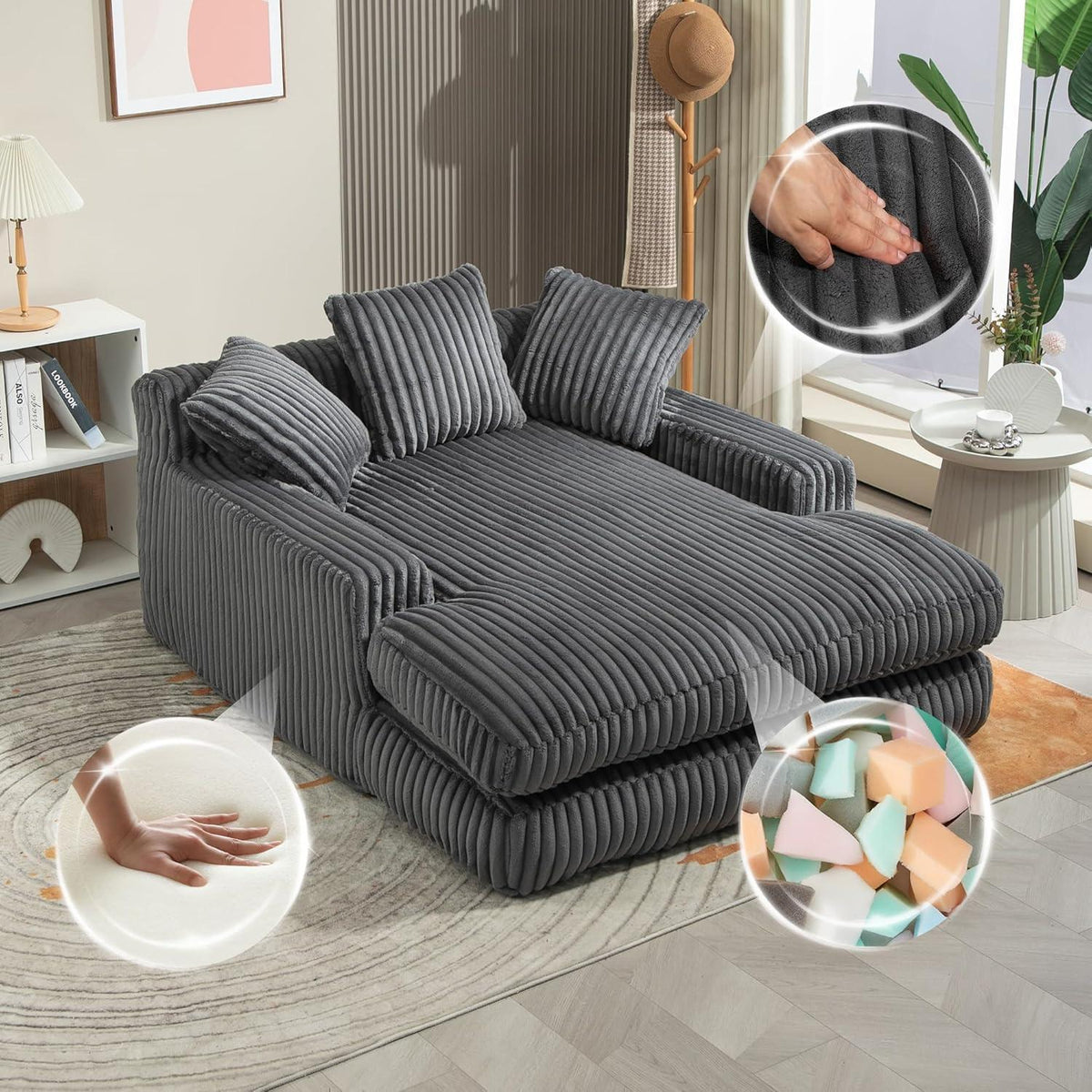 Boneless Couch: Bequemes Cord-Schlafsofa mit 3 Kissen (Dunkel Grau)