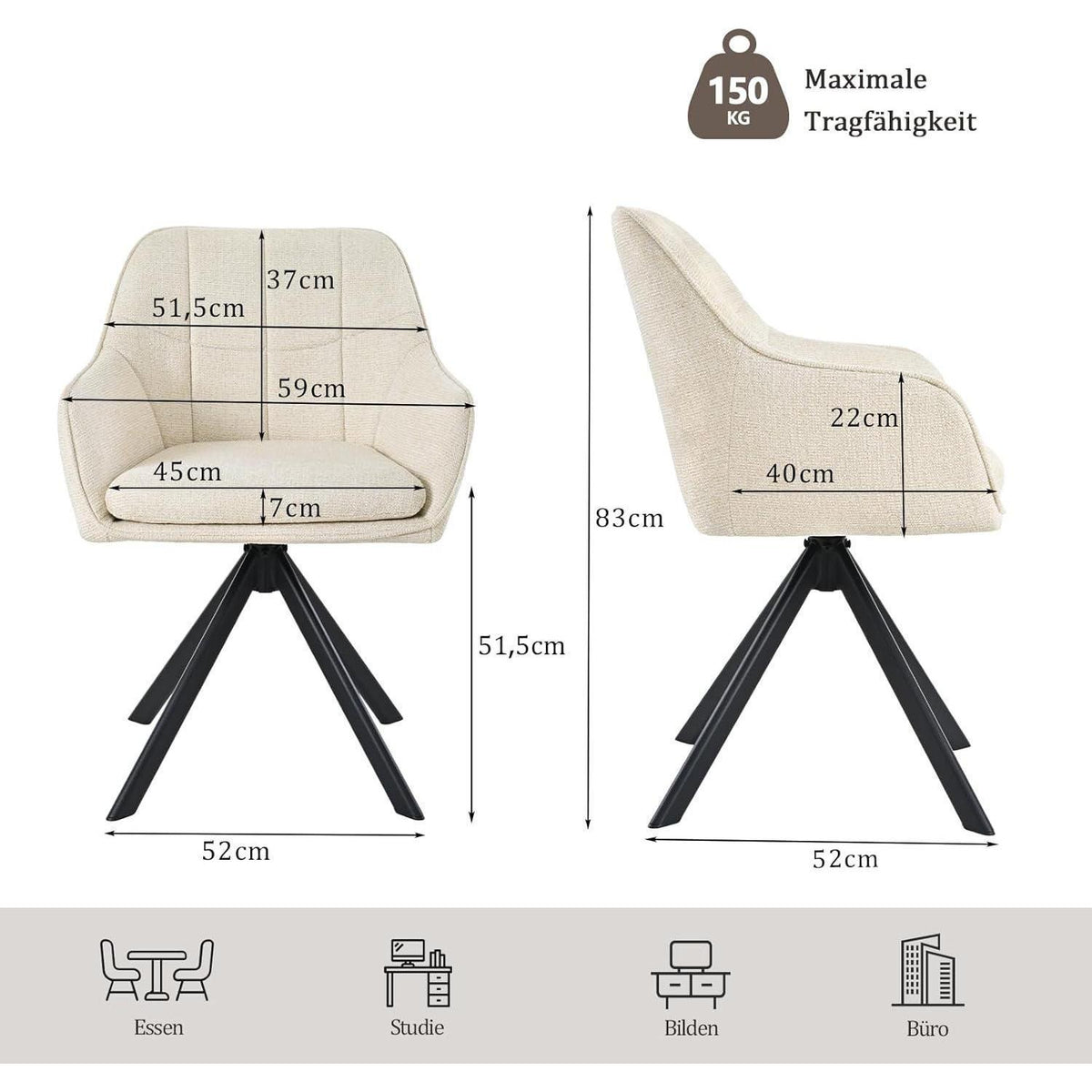 Drehbare Esszimmerstühle 2er Set – Cremeweiß, 360° Komfort