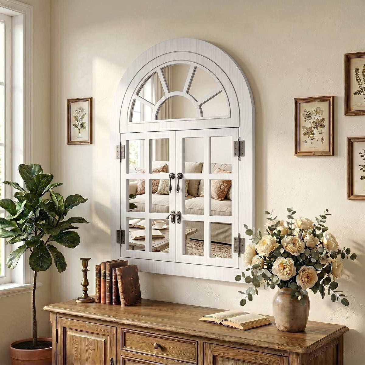 Klappbarer Fenster-Wandspiegel Holzrahmen Weiß 60x90