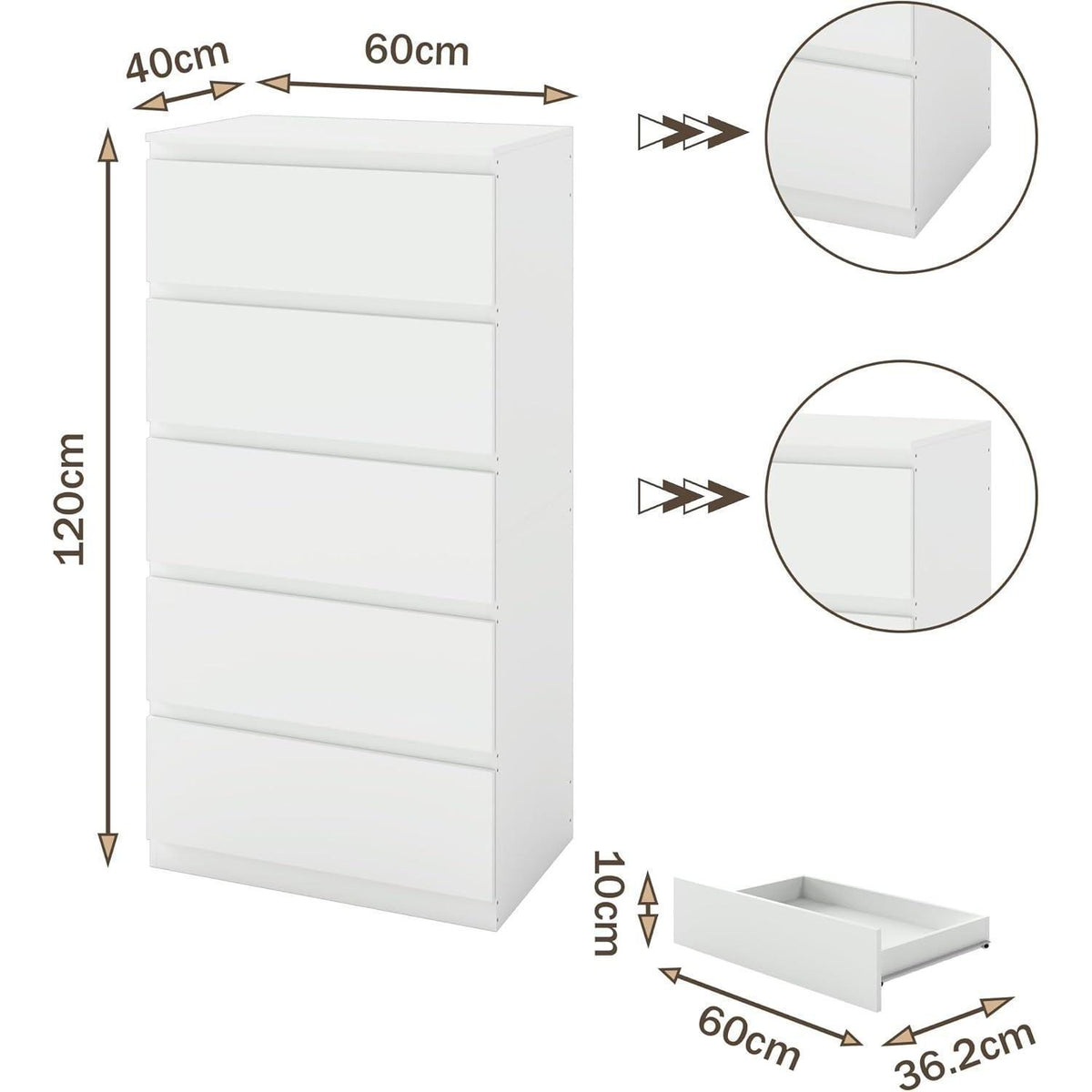 Weiß Kommode mit 5 Schubladen – 60x40x120 cm