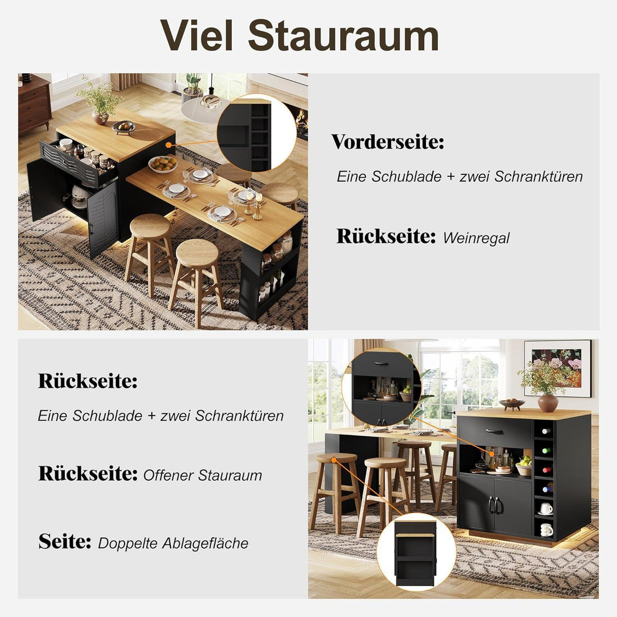 Kücheninsel mit Ausziehtisch & Stauraum – Schwarz