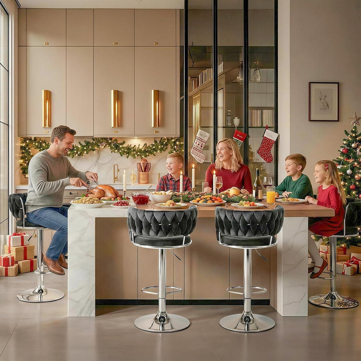 LEADZM Barhocker 2er Set, Höhenverstellbar, Samtsitz Schwarz