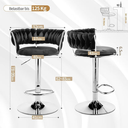 LEADZM Barhocker 2er Set, Höhenverstellbar, Samtsitz Schwarz