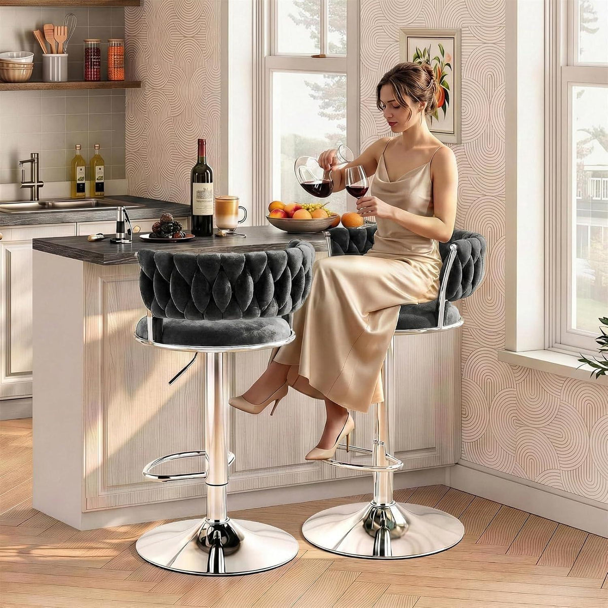 LEADZM Barhocker 2er Set, Höhenverstellbar, Samtsitz Schwarz