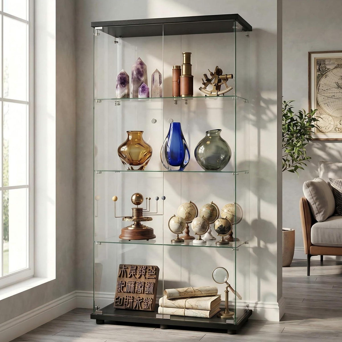 Glasvitrine Schwarz – Stehend, 164,5 x 80,6 x 36,5 cm