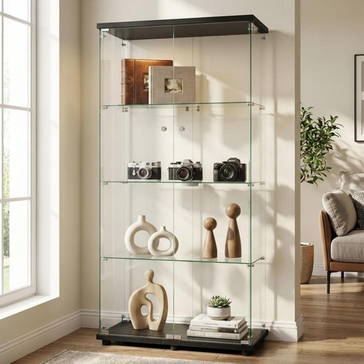 Glasvitrine Schwarz – Stehend, 164,5 x 80,6 x 36,5 cm