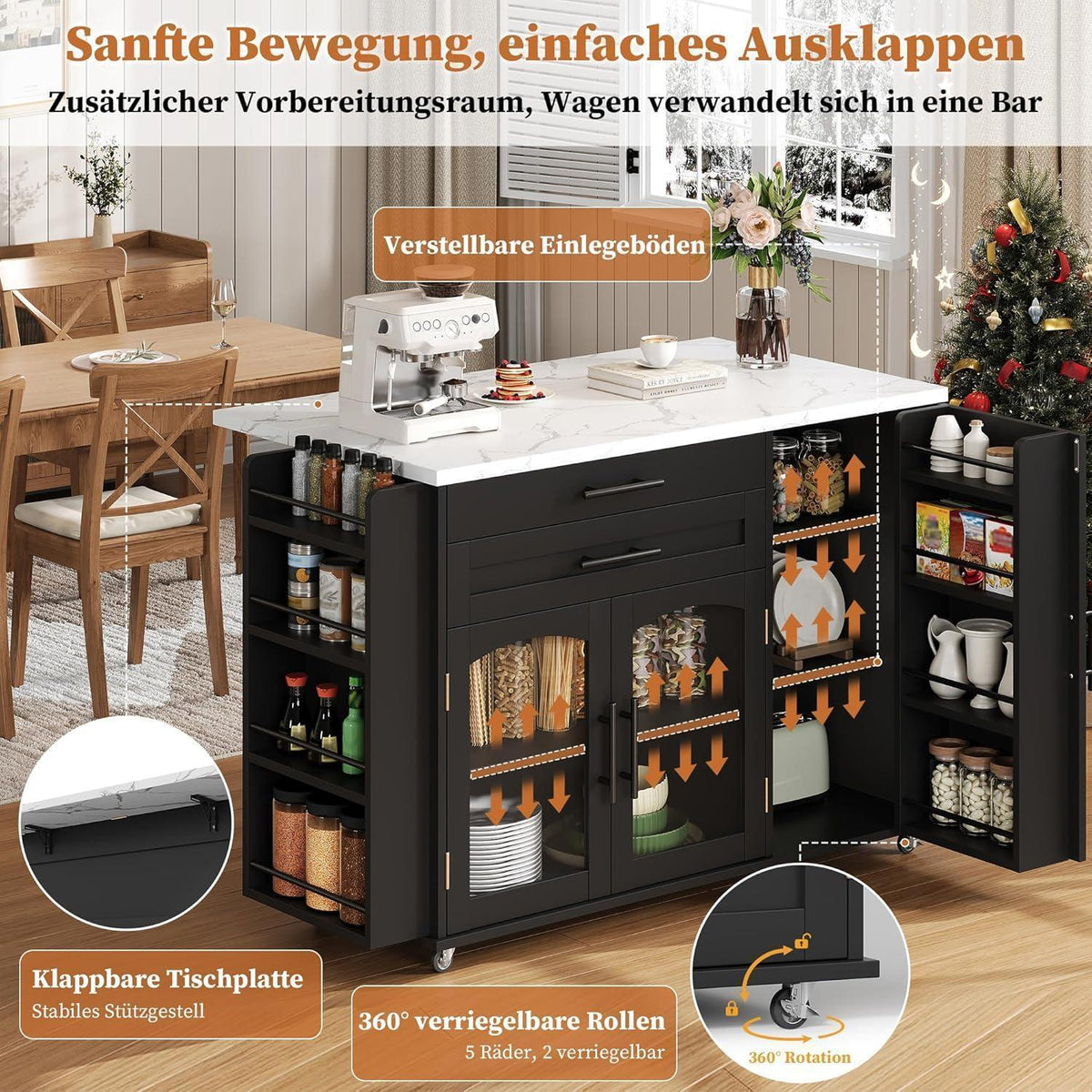 Küchenwagen mit Klappplatte & Glastüren – Schwarz