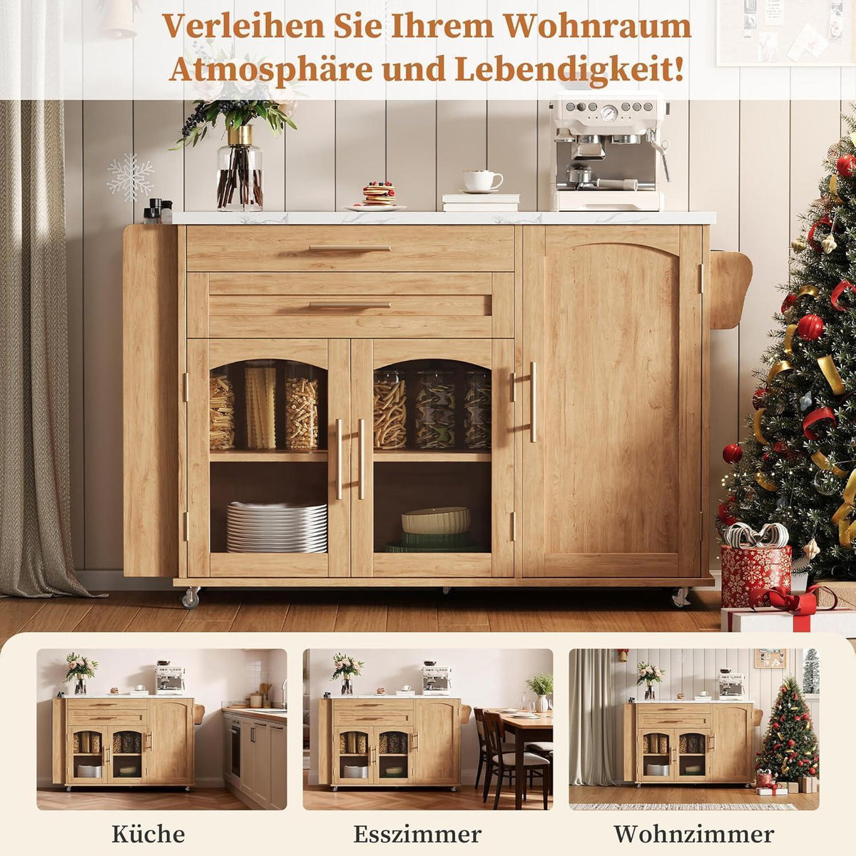 Küchenwagen mit Klappplatte & Glastüren – Mobile Kücheninsel Natural