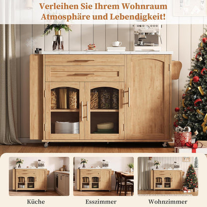 Küchenwagen mit Klappplatte & Glastüren – Mobile Kücheninsel Natural