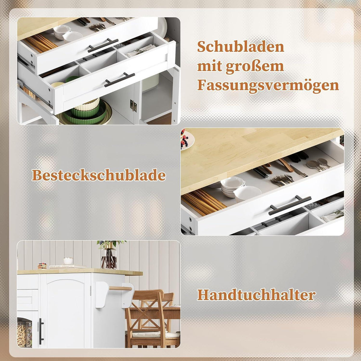 Küchenwagen mit Klappplatte & Glastüren – Weiß