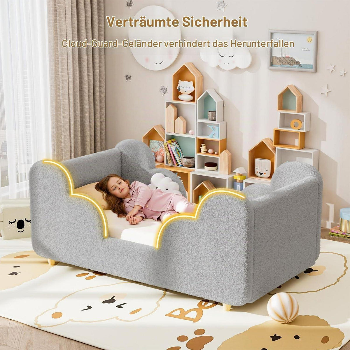 Meulbaty Grau Süß 70x140cm Wolke Kinderbett in Lederoptik, Matratze Nicht Enthalten, 140x70cm