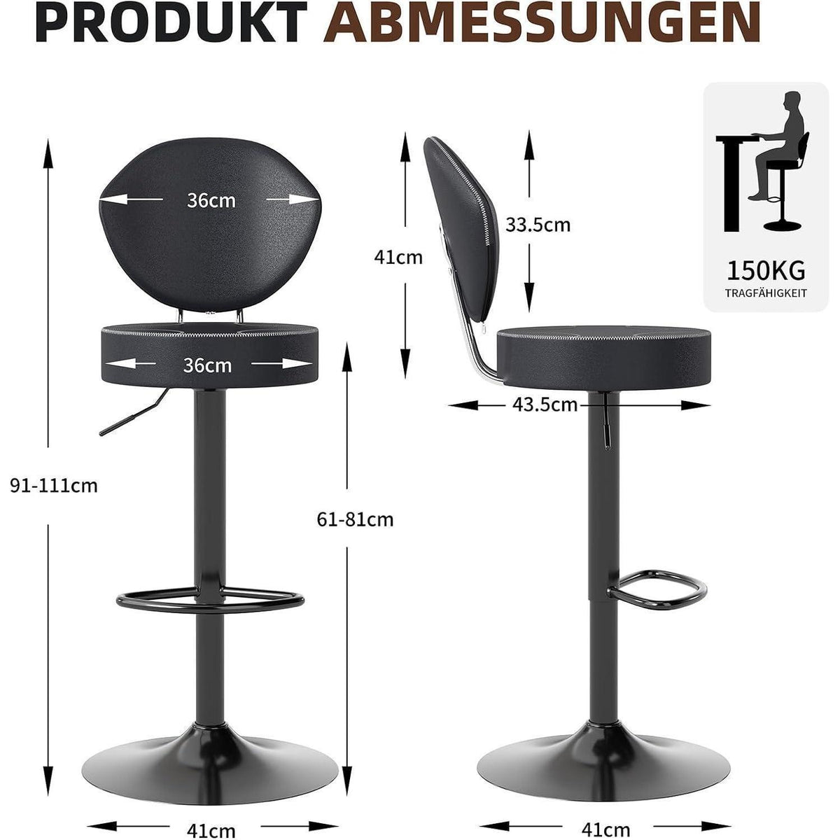 Höhenverstellbarer Barhocker mit Rückenlehne – 4er Set Schwarz