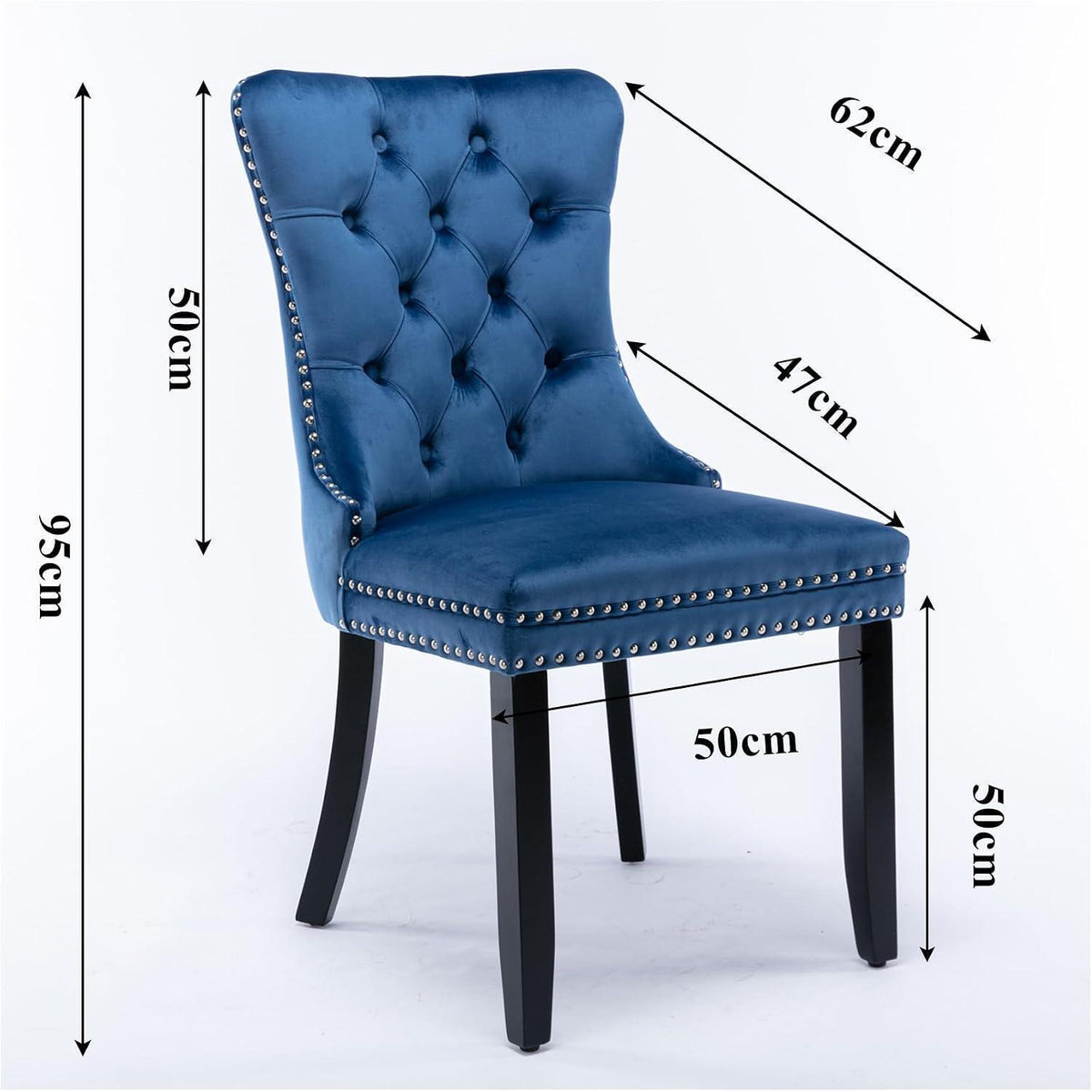 Esszimmerstühle 2er Set Samt, Blau mit Holzbeinen & Nieten