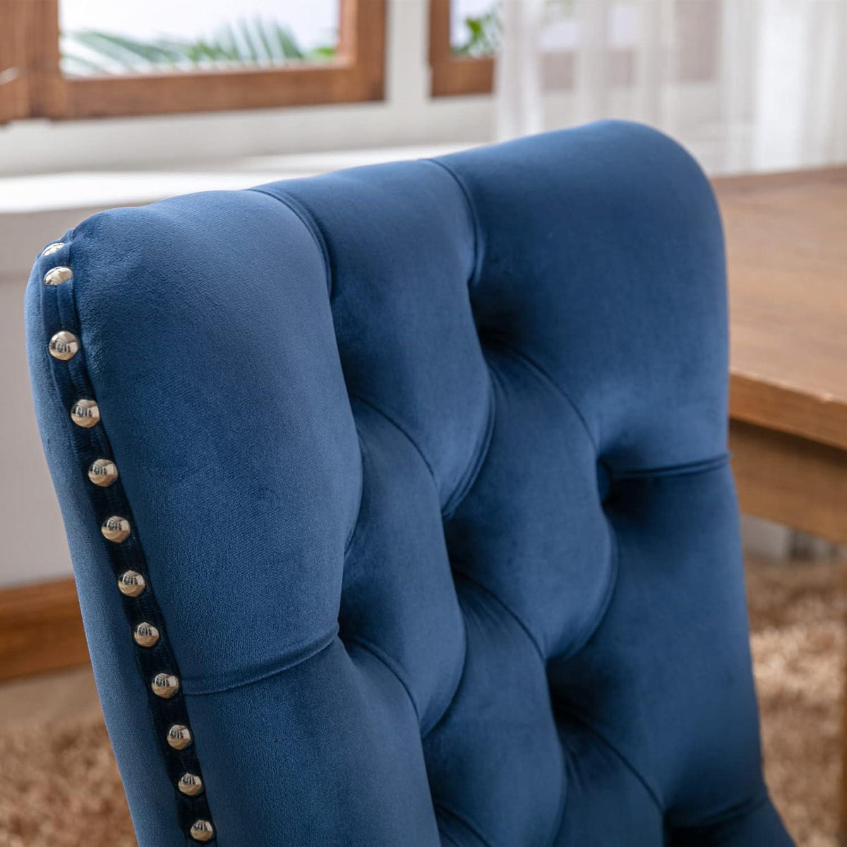 Esszimmerstühle 2er Set Samt, Blau mit Holzbeinen & Nieten
