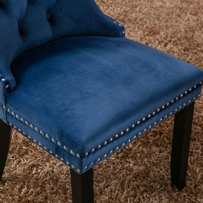Esszimmerstühle 2er Set Samt, Blau mit Holzbeinen & Nieten